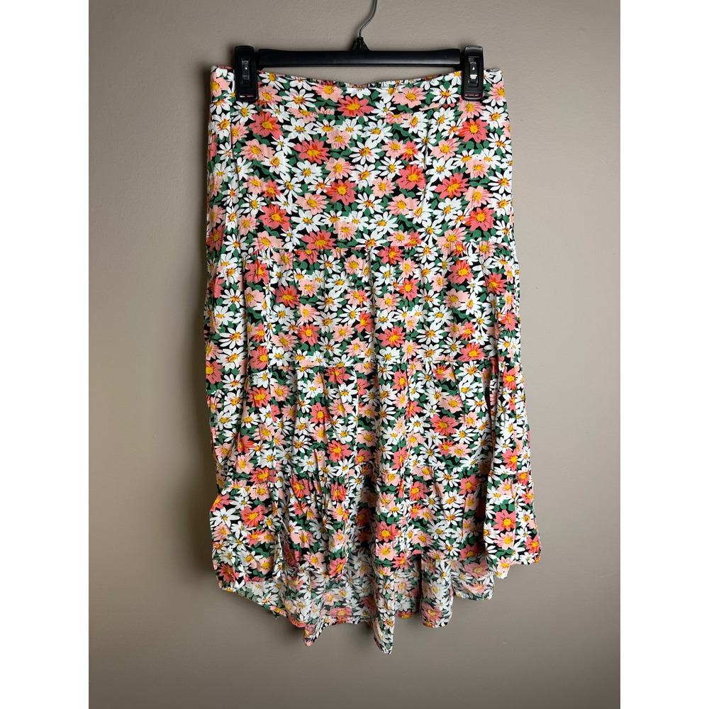 PRETTYGARDEN Floral Tiered High Low Midi Skirt Pink Orange Daisy Print Size M